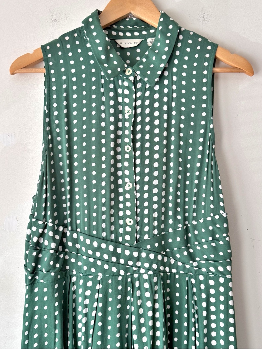 SOLD-Anthropologie 11·1·TYLHO Brynn Shirt Dress With Pockets Green Polka Dot L - Picture 6 of 11
